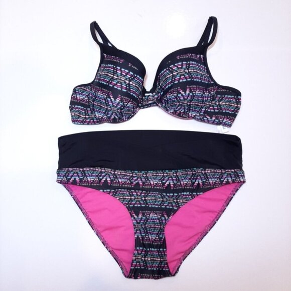 LA VIE EN ROSE Push Up Bikini Swim Suit Embroidery Print 2pc High Waist Bottom - Picture 16 of 16